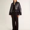Chaqueta motera de cuero negro para mujer con efecto brillante