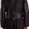 Chaqueta motera de cuero negro para mujer con efecto brillante