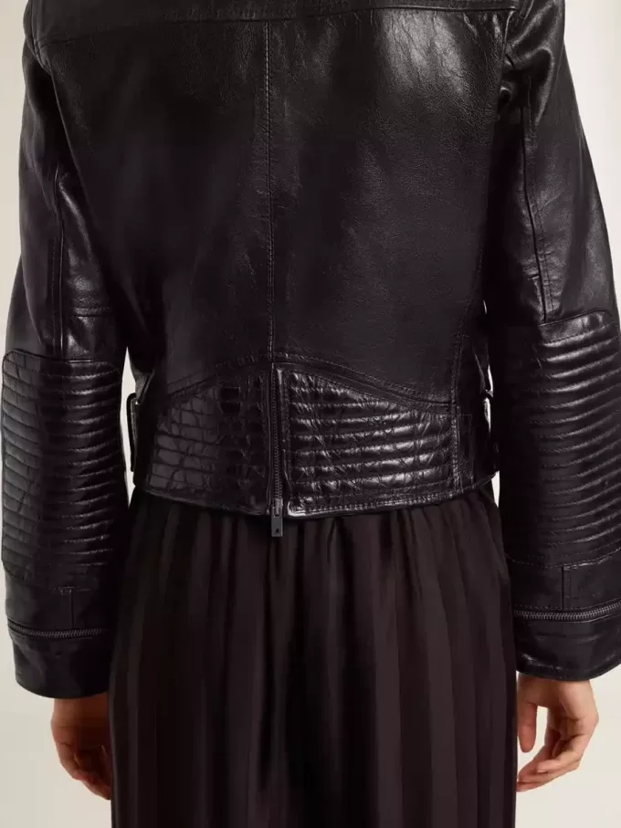 Chaqueta motera de cuero negro para mujer con efecto brillante