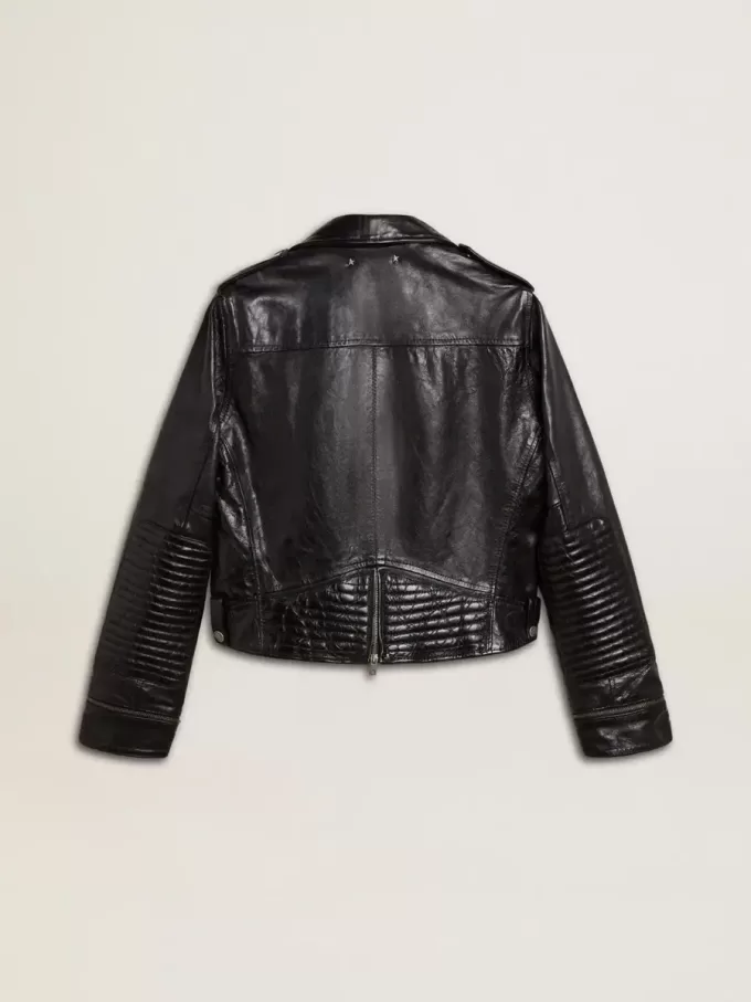 Chaqueta motera de cuero negro para mujer con efecto brillante