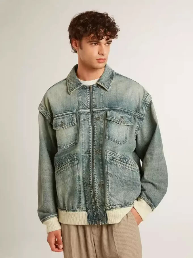 Chaqueta vaquera lavada para hombre con ribetes de mezcla de lana