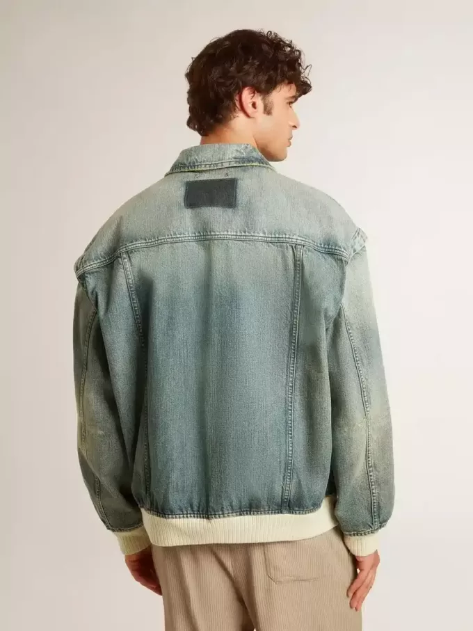 Chaqueta vaquera lavada para hombre con ribetes de mezcla de lana