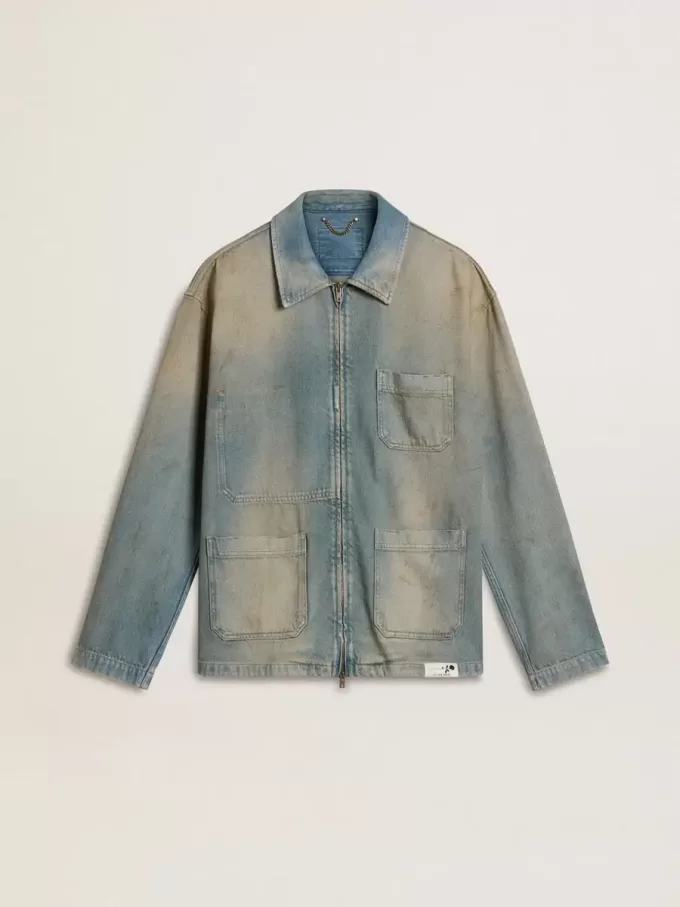 Chaqueta vaquera para hombre con efecto desgastado y cremallera