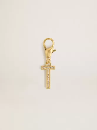 Charm con la letra T en latón dorado con cristales