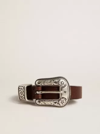 Cinturón de cuero marrón oscuro para mujer con hebilla plateada decorada