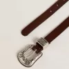 Cinturón de cuero marrón oscuro para mujer con hebilla plateada decorada