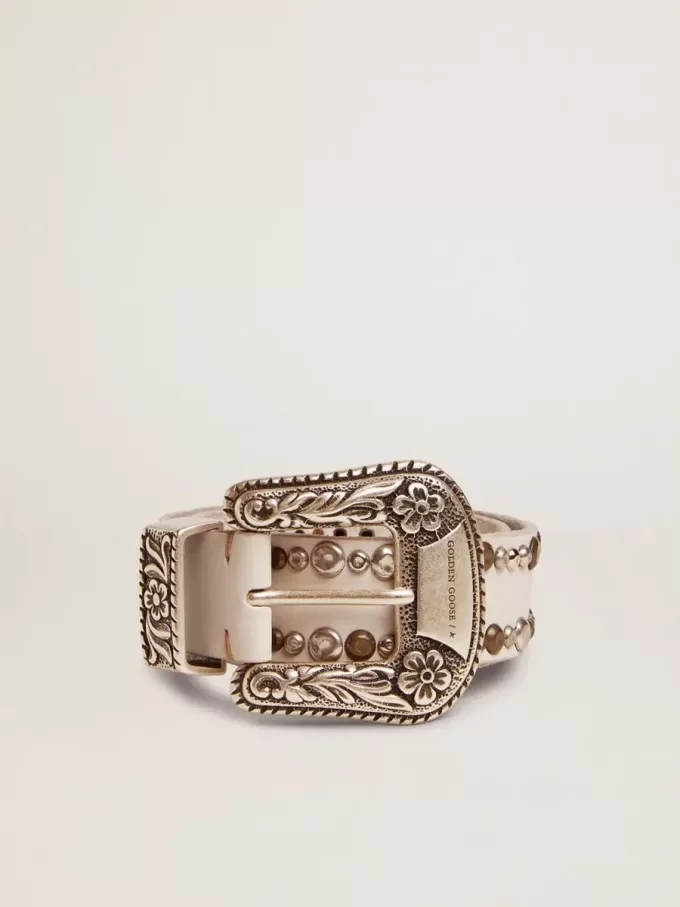 Cinturón de mujer en piel blanca con tachuelas de colores