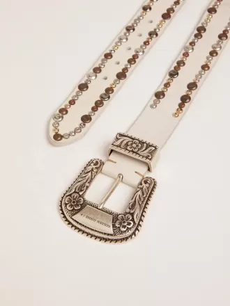 Cinturón de mujer en piel blanca con tachuelas de colores