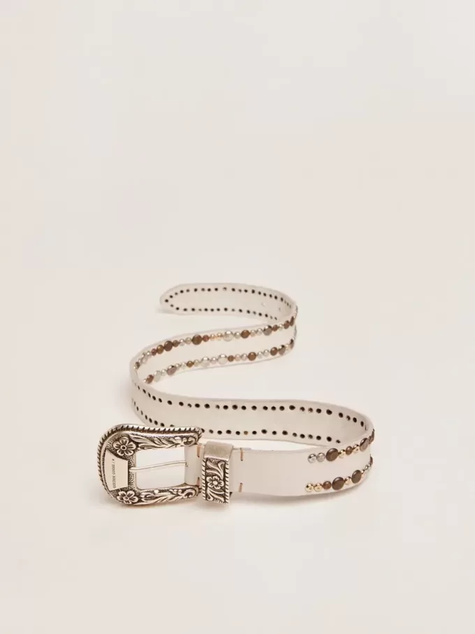 Cinturón de mujer en piel blanca con tachuelas de colores