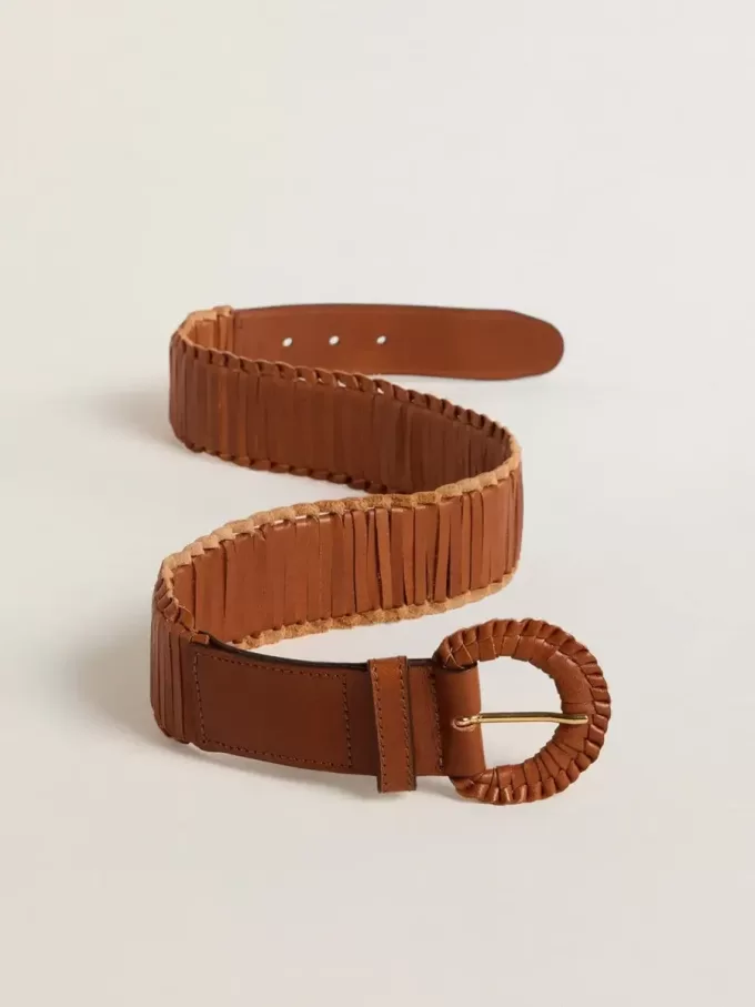 Cinturón de mujer en piel marrón tejida
