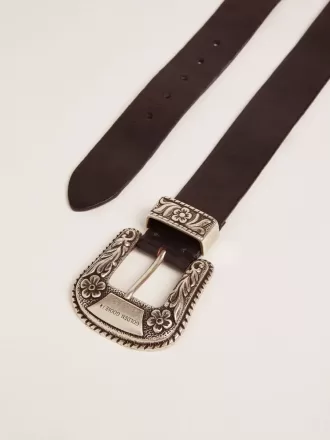 Cinturón de mujer en piel negra con hebilla decorada en plata