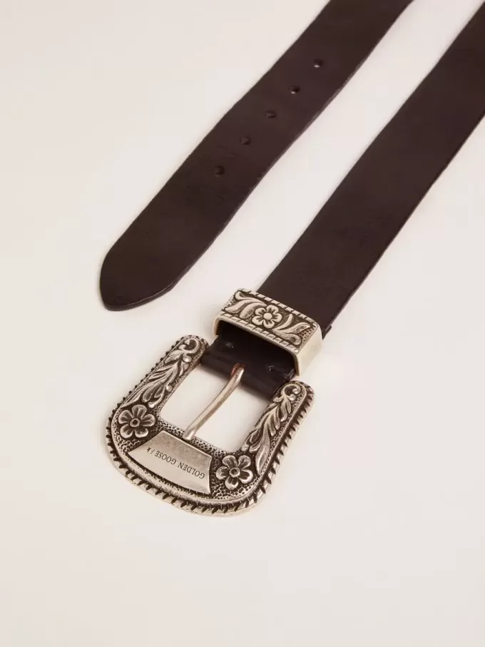 Cinturón de mujer en piel negra con hebilla decorada en plata