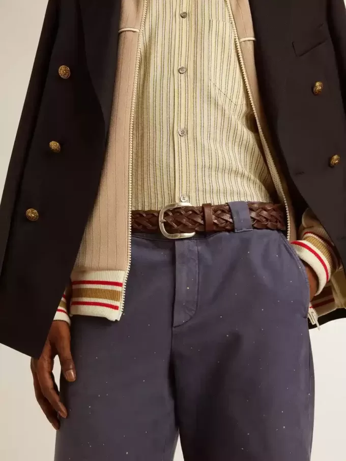 Cinturón de piel trenzada marrón oscuro para hombre