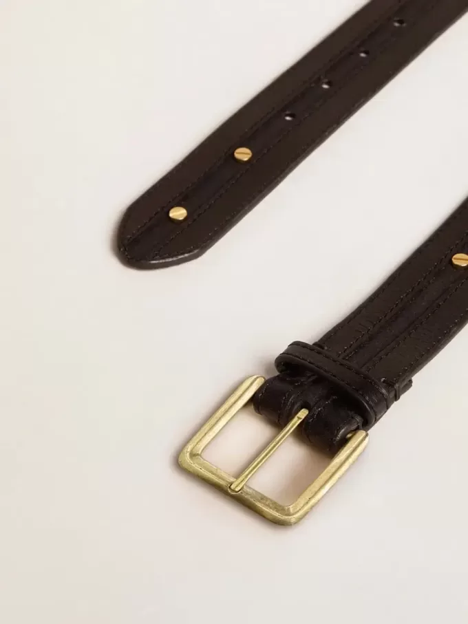 Cinturón negro para mujer en piel lavada con tachuelas doradas