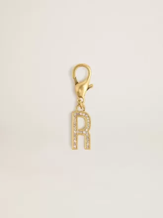 Colgante con la letra R en latón dorado con cristales