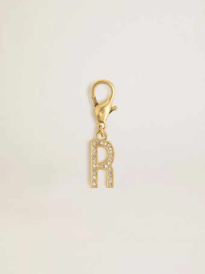 Colgante con la letra R en latón dorado con cristales