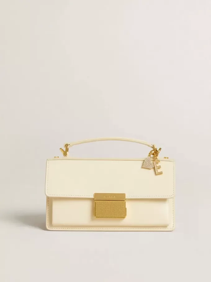 Colgante con letra E en latón dorado con cristales