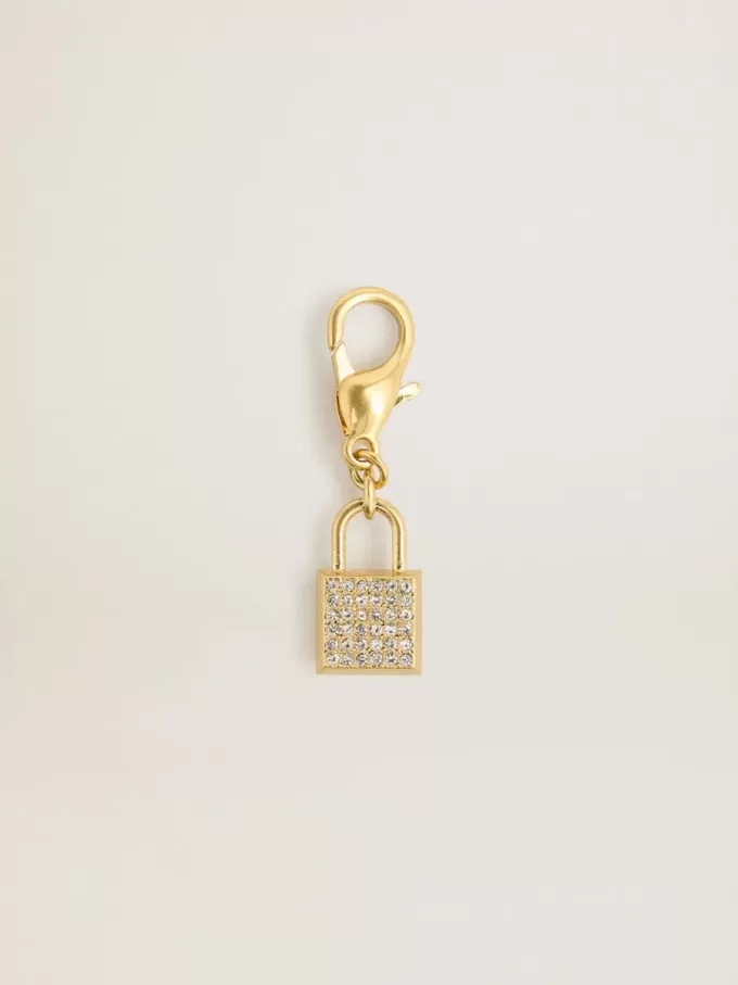 Colgante en forma de candado en latón dorado con cristales