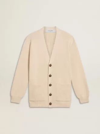 Cárdigan beige para mujer con las letras «Golden» en la espalda