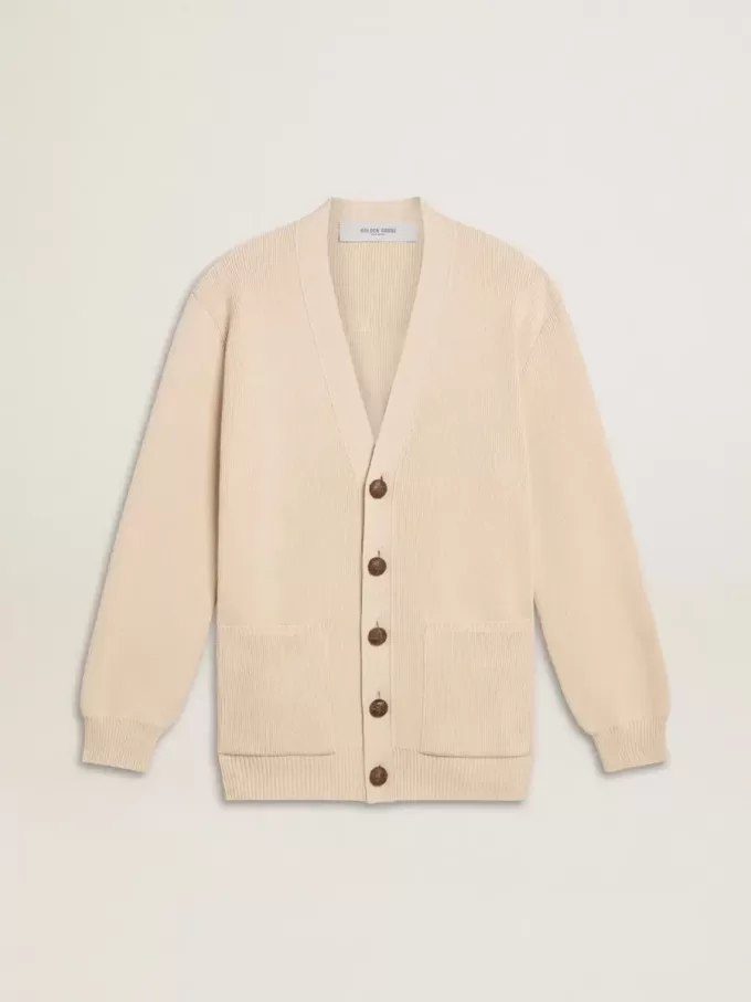 Cárdigan beige para mujer con las letras «Golden» en la espalda