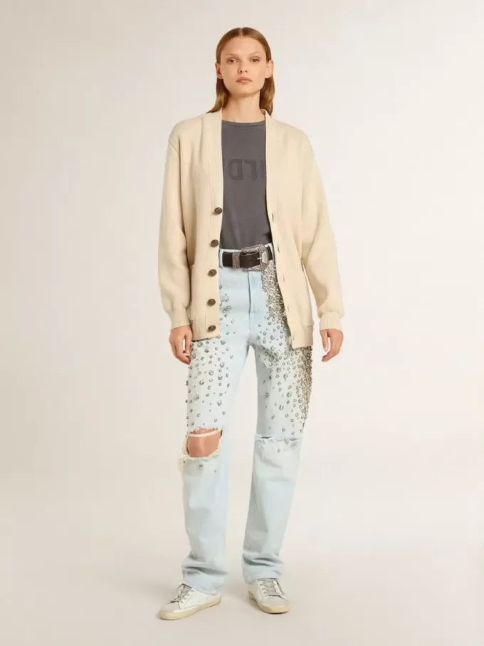 Cárdigan beige para mujer con las letras «Golden» en la espalda