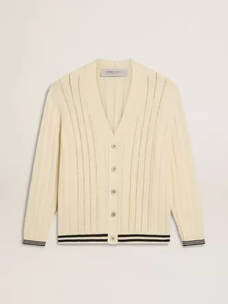 Cárdigan blanco de algodón para hombre con diseño de trenzado y ribetes azules