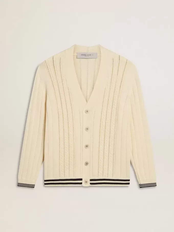 Cárdigan blanco de algodón para hombre con diseño de trenzado y ribetes azules Cárdigan blanco de algodón para hombre con diseño de trenzado y ribetes azules
