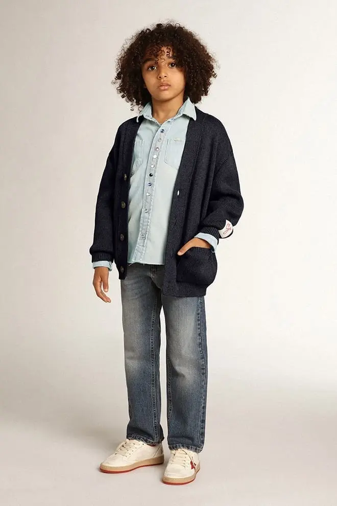 Cárdigan de algodón azul oscuro con logotipo en la espalda Cárdigan de algodón azul oscuro con logotipo en la espalda