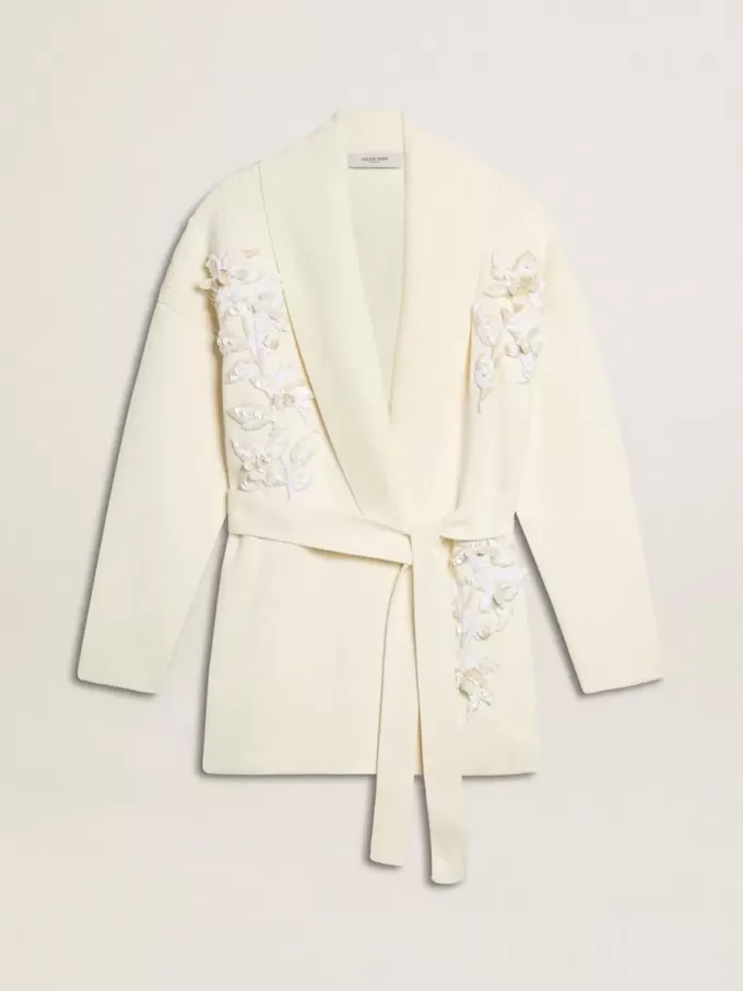 Cárdigan de algodón color crema para mujer con bordado floral