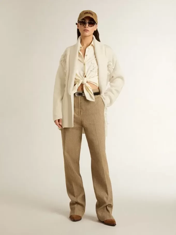 Cárdigan de algodón color crema para mujer con bordado floral