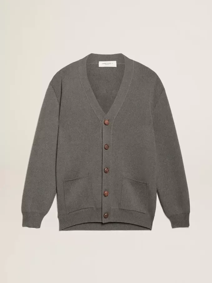 Cárdigan de algodón gris jaspeado para mujer con logotipo en la espalda