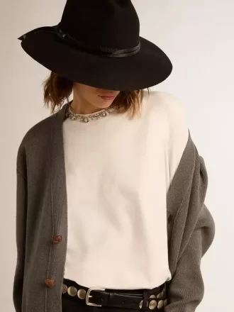 Cárdigan de algodón gris jaspeado para mujer con logotipo en la espalda