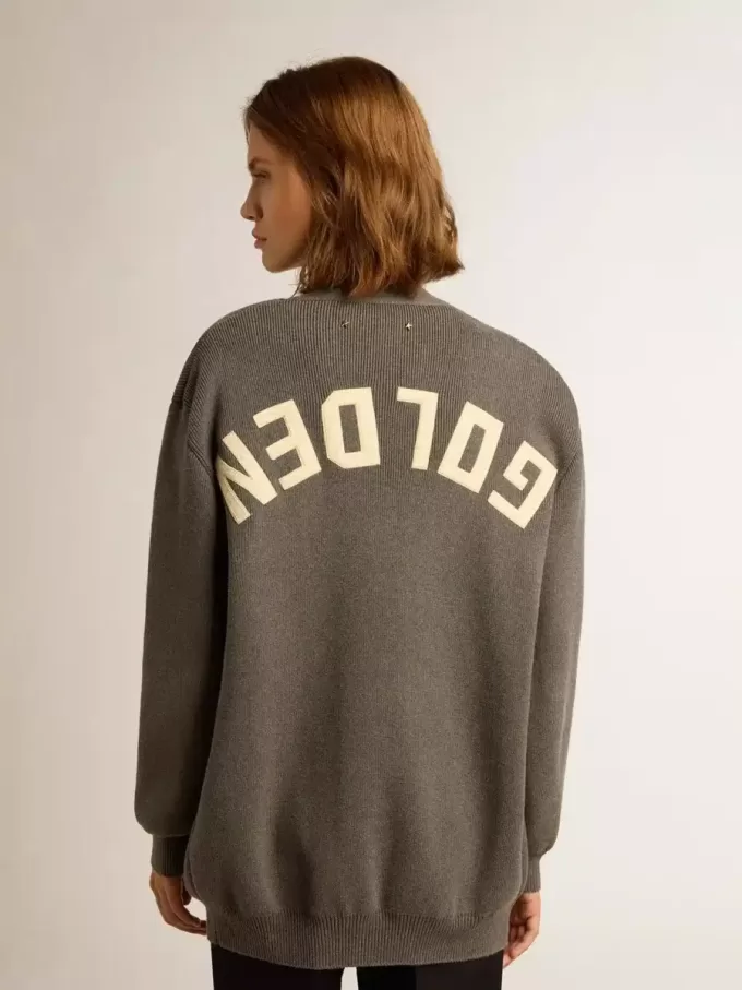 Cárdigan de algodón gris jaspeado para mujer con logotipo en la espalda