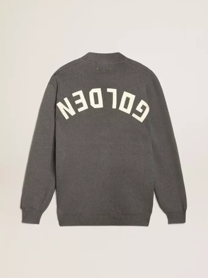 Cárdigan de algodón gris jaspeado para mujer con logotipo en la espalda