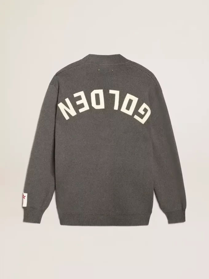 Cárdigan de hombre en algodón gris jaspeado con logotipo en la espalda