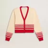 Cárdigan de mujer en color crema con rayas rojas