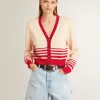 Cárdigan de mujer en color crema con rayas rojas