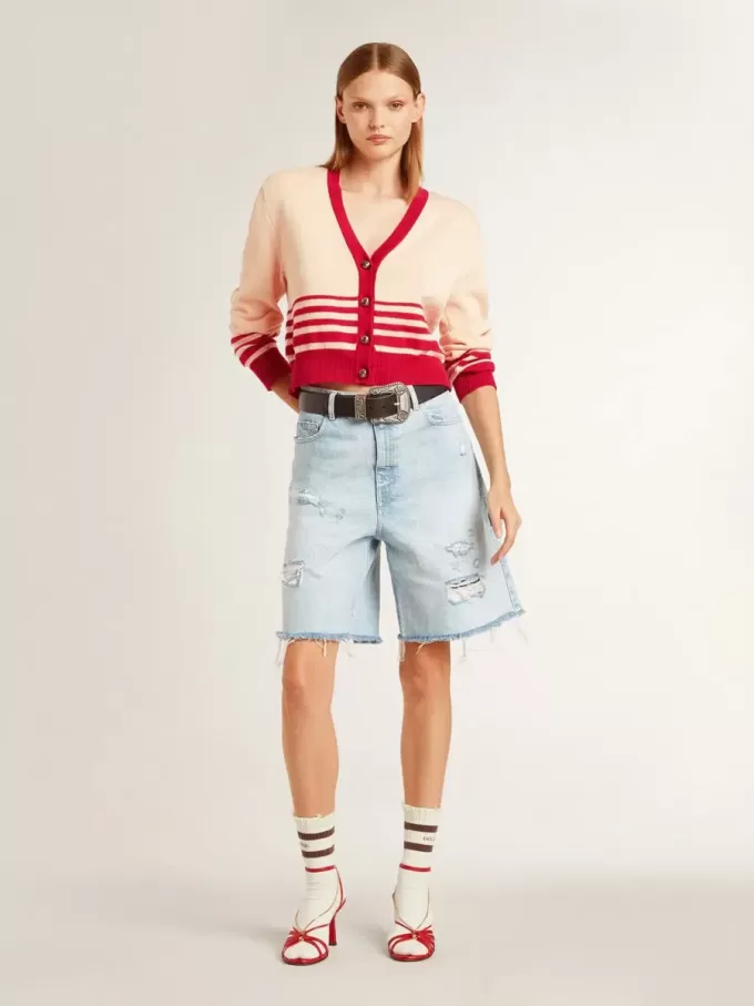 Cárdigan de mujer en color crema con rayas rojas