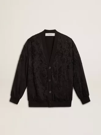 Cárdigan negro de mujer con bordado de cuentas tono sobre tono toile de jouy.