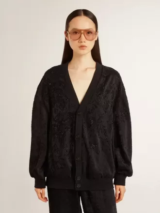 Cárdigan negro de mujer con bordado de cuentas tono sobre tono toile de jouy.