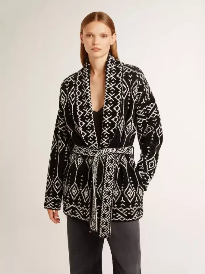 Cárdigan negro de mujer con cinturón y cristales