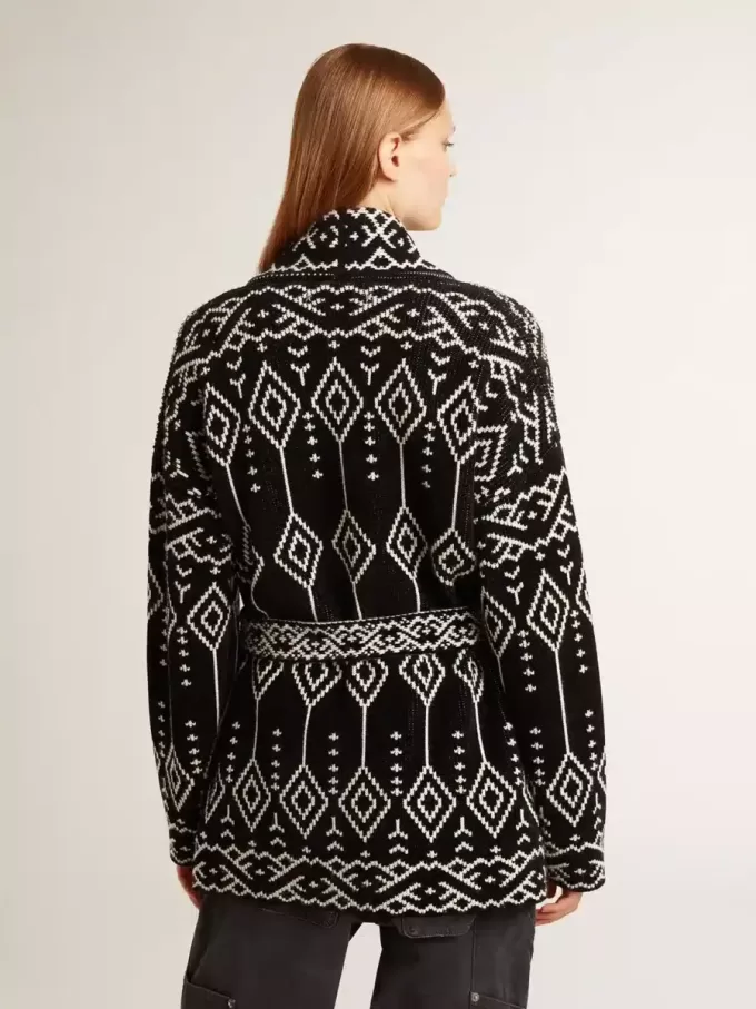 Cárdigan negro de mujer con cinturón y cristales