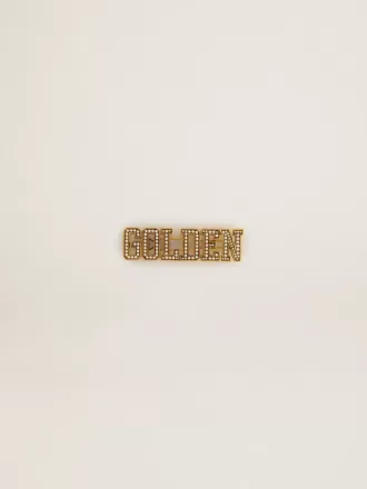 Etiqueta de encaje dorado en color oro antiguo con perlas