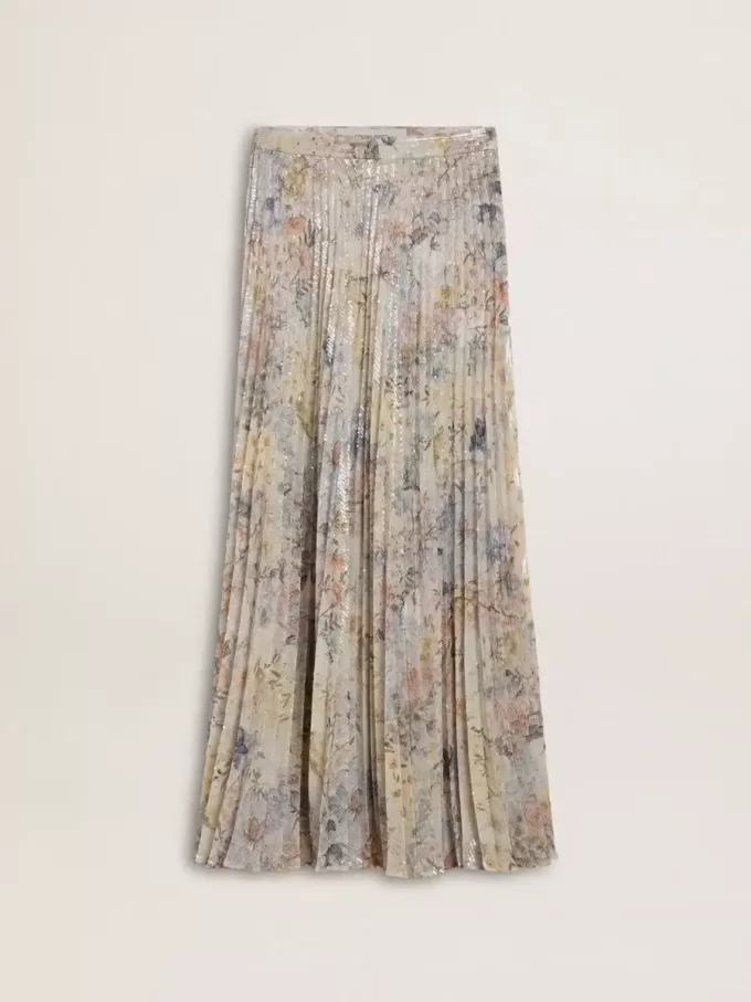 Falda larga plisada de mujer con estampado floral multicolor de lentejuelas Falda larga plisada de mujer con estampado floral multicolor de lentejuelas