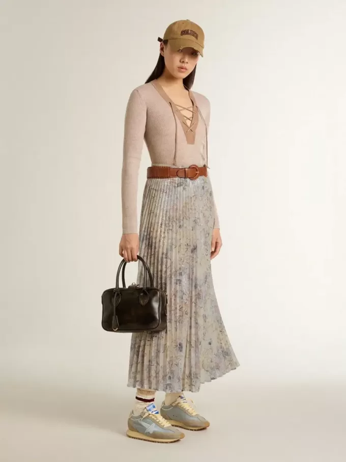 Falda larga plisada de mujer con estampado floral multicolor de lentejuelas Falda larga plisada de mujer con estampado floral multicolor de lentejuelas