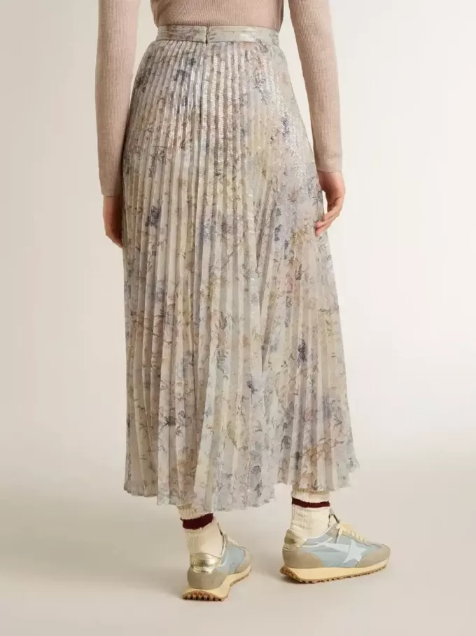 Falda larga plisada de mujer con estampado floral multicolor de lentejuelas Falda larga plisada de mujer con estampado floral multicolor de lentejuelas