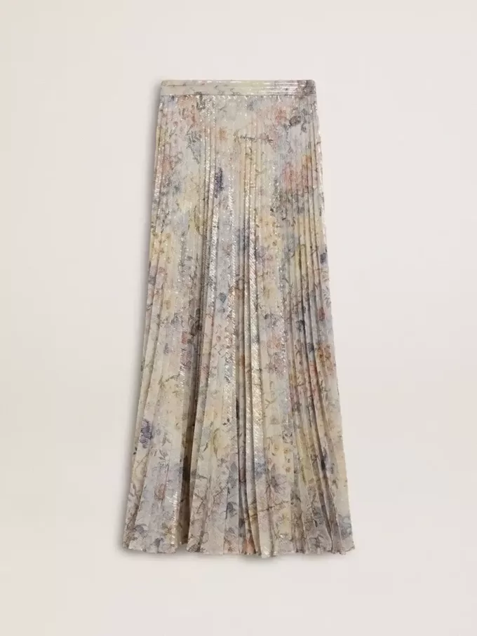 Falda larga plisada de mujer con estampado floral multicolor de lentejuelas Falda larga plisada de mujer con estampado floral multicolor de lentejuelas