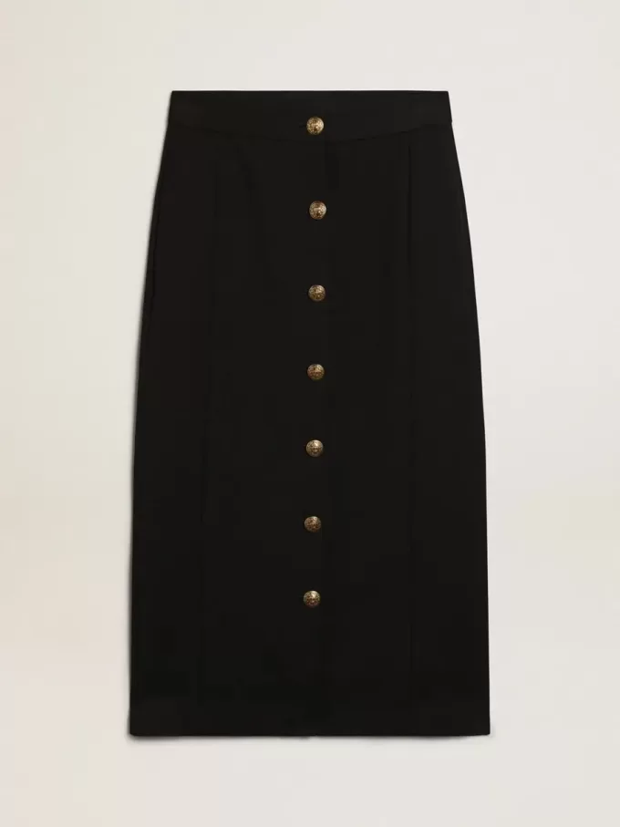 Falda lápiz de mujer en lana azul oscuro con botones heráldicos dorados