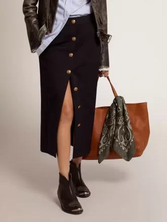 Falda lápiz de mujer en lana azul oscuro con botones heráldicos dorados
