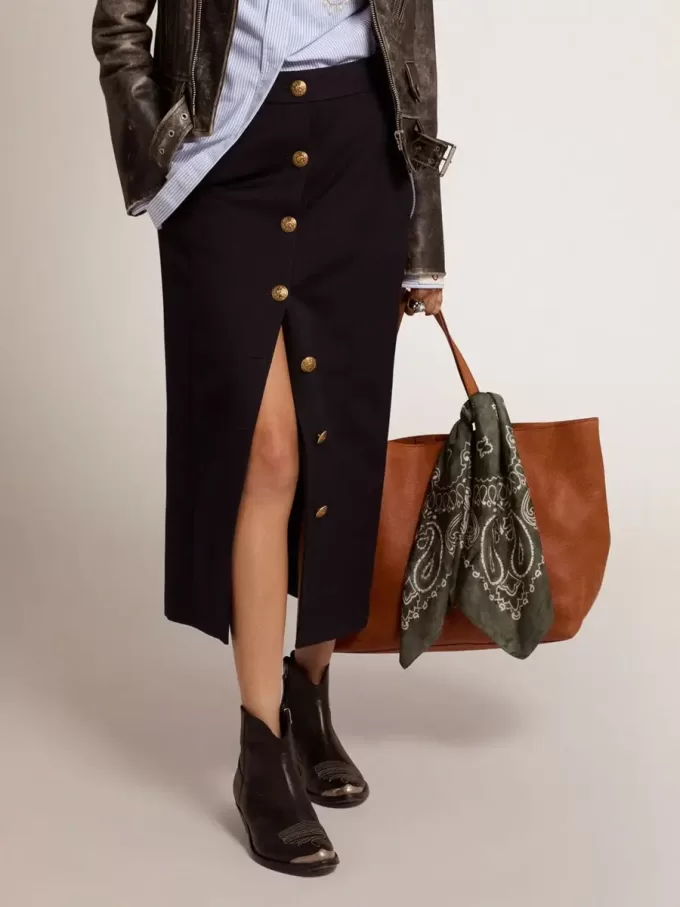 Falda lápiz de mujer en lana azul oscuro con botones heráldicos dorados